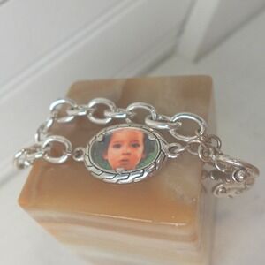 Y2K Photo Locket Charm Bracelet Silver Tone Picture Love Retro Chunk Jewelry